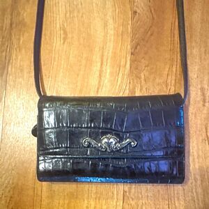 Brighton Croc Black Leather Wallet Crossbody Bag Removeable Strap Vintage